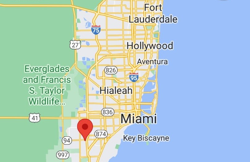 A map of Miami in which the location of Worldrun Tailor Services' office is pinpointed.
